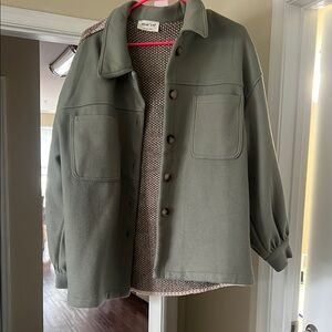 Olive Green Button-Up Jacket with Aztec print on back